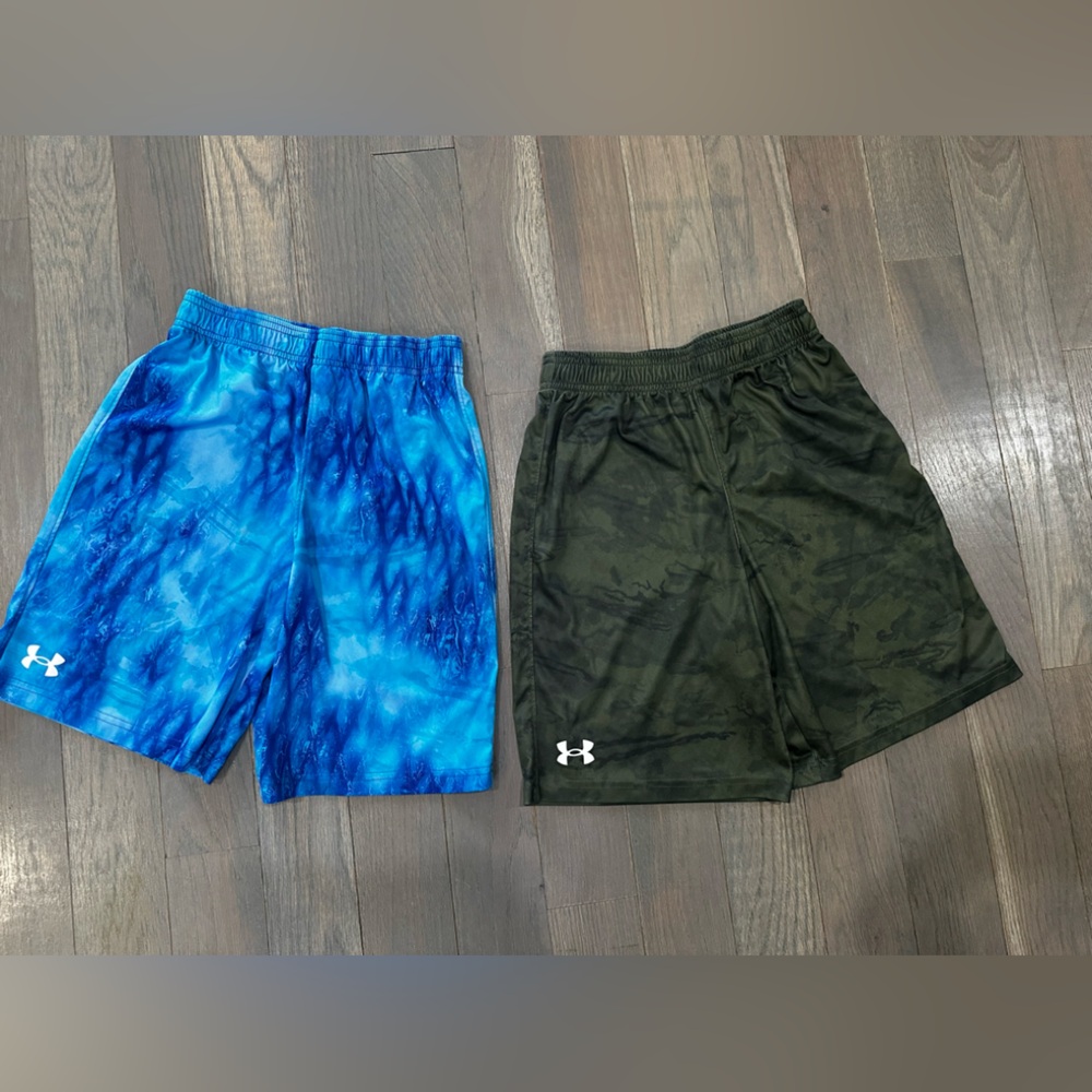 Under Armour Olive Camo Athletic Shorts + Blue Tie-Dye Swim Shorts
